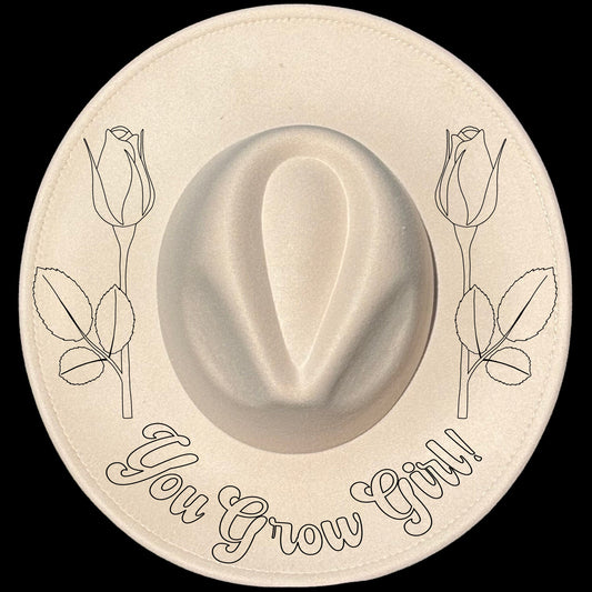You Grow Girl Roses design on a wide brim hat