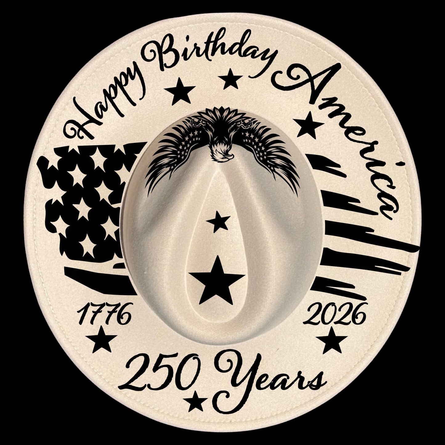 Design celebrating America's 250th birthday on a wide brim hat with American flag and stars.