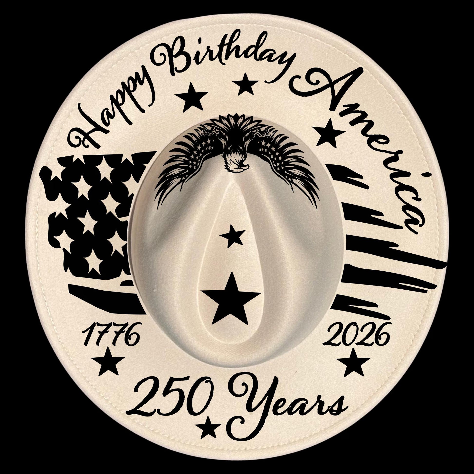 Design celebrating America's 250th birthday on a wide brim hat with American flag and stars.