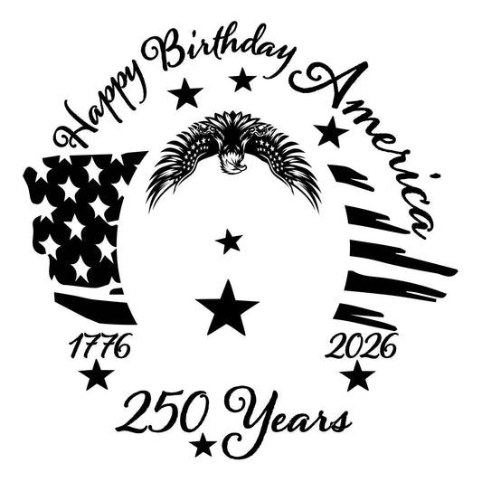 Design celebrating America's 250th birthday with an eagle, flag, and stars.