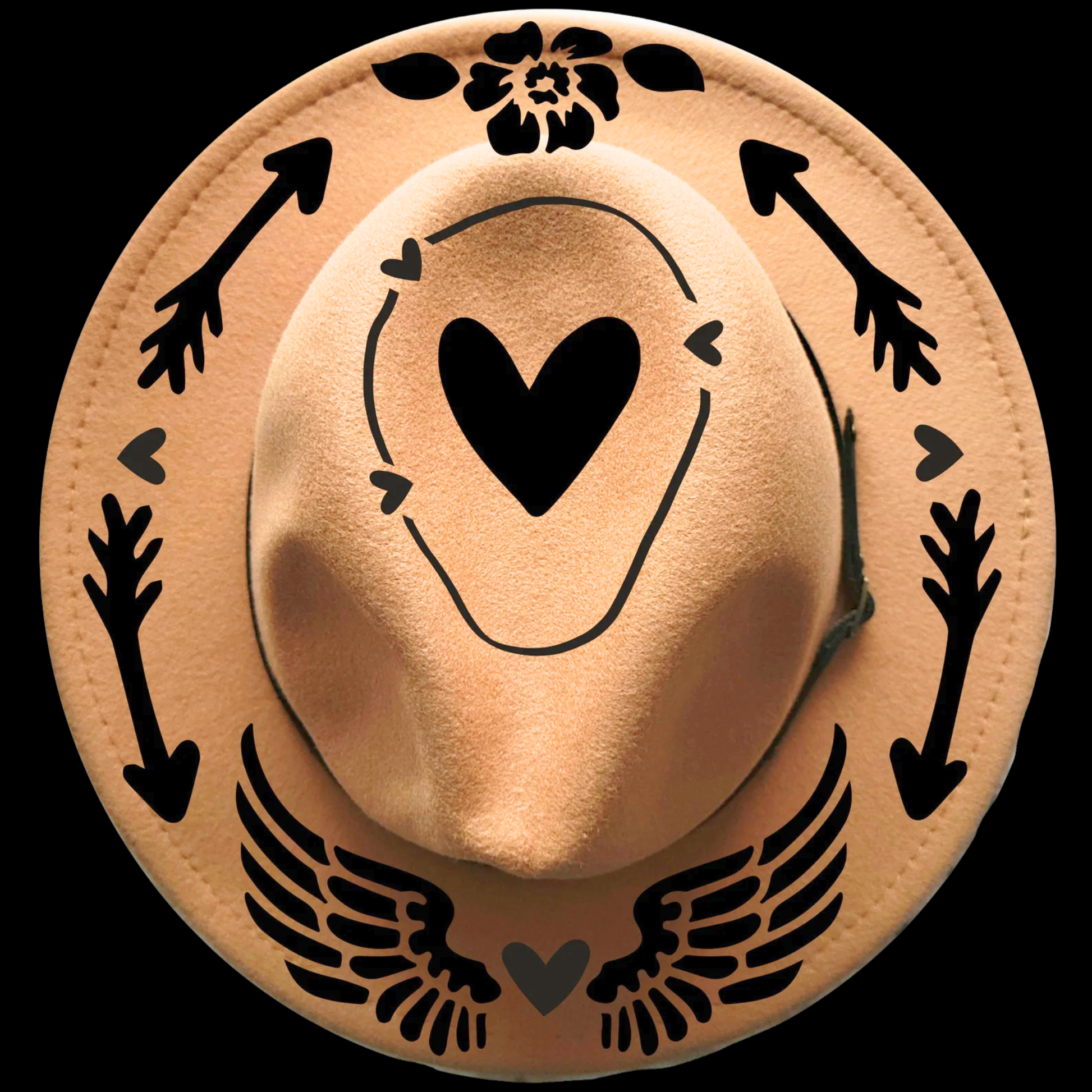 Narrow brim hat with black heart, arrow, and wing designs on a black background