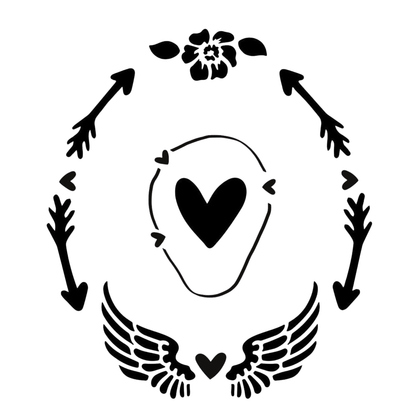Angel wings design with heart, wings, arrows, and flowers on a white background