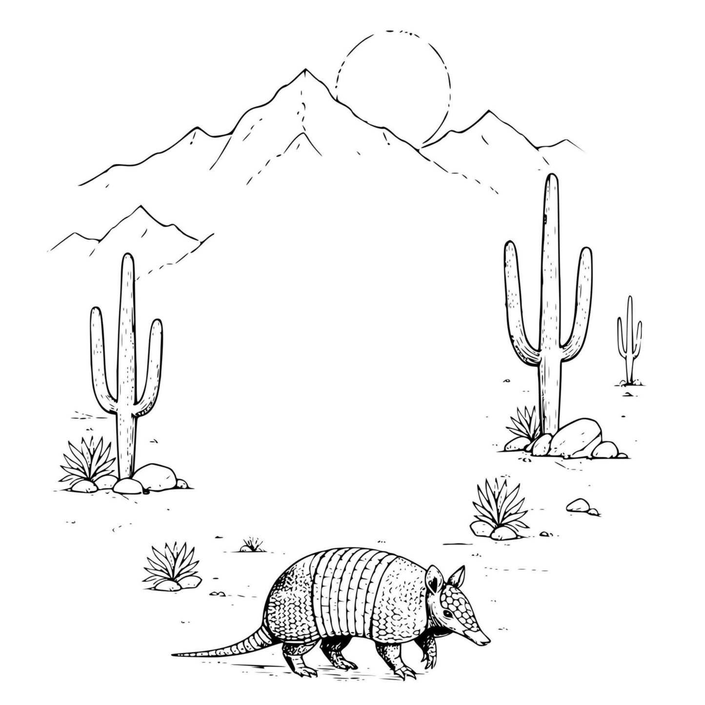 Desert landscape with cacti and an armadillo, line art on a white background