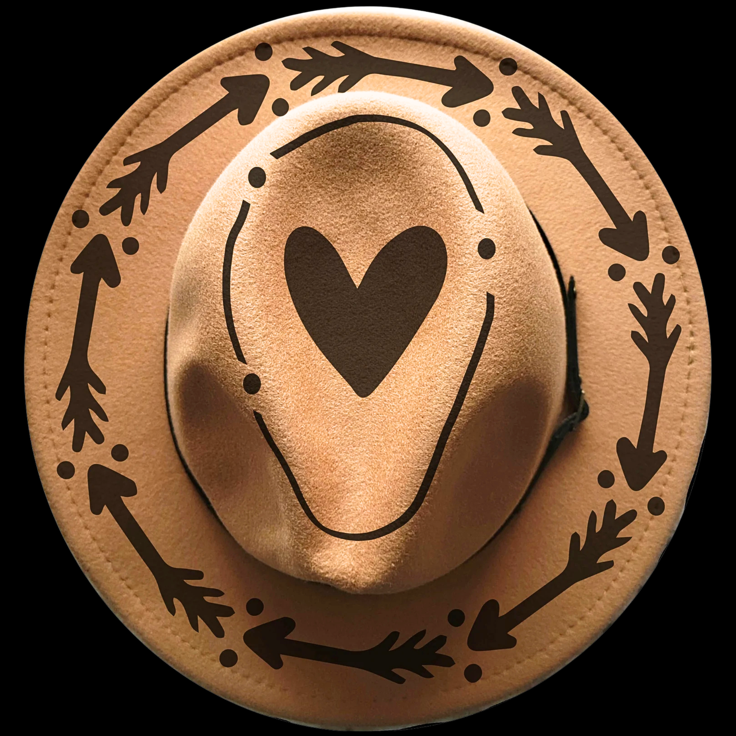Cowboy hat with heart and arrow designs on a black background