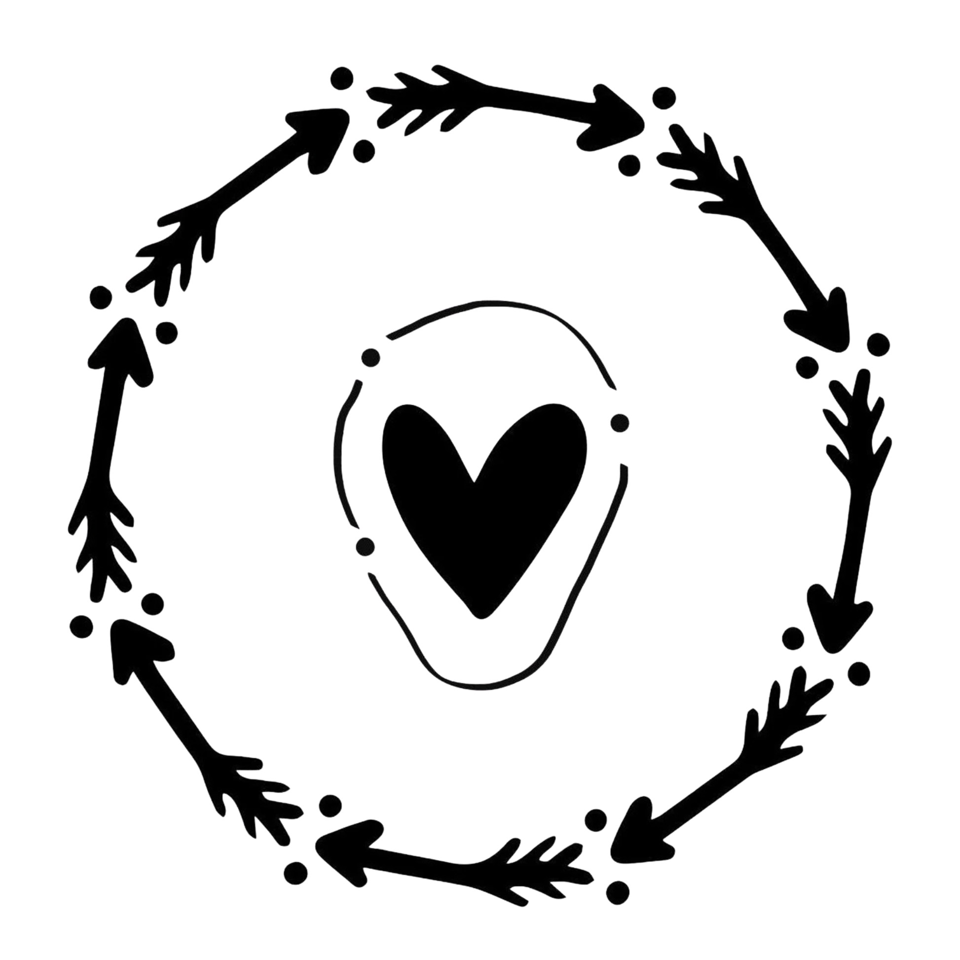 Black heart symbol surrounded by black arrows on a white background