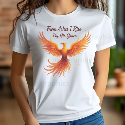 White t-shirt with a phoenix design and text worn by a woman indoors.