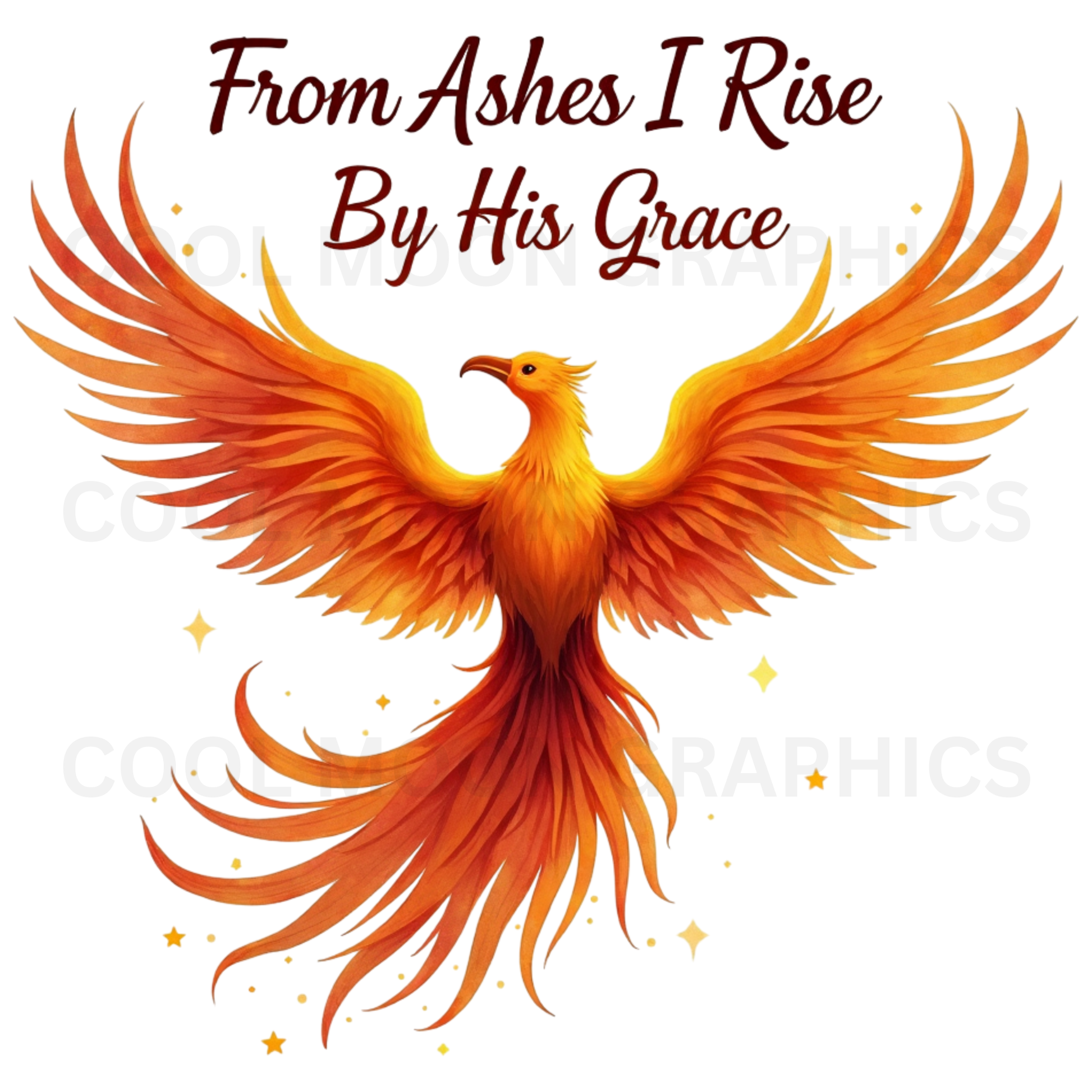 Phoenix bird with outstretched wings and text 'From Ashes I Rise By His Grace' on a white background.