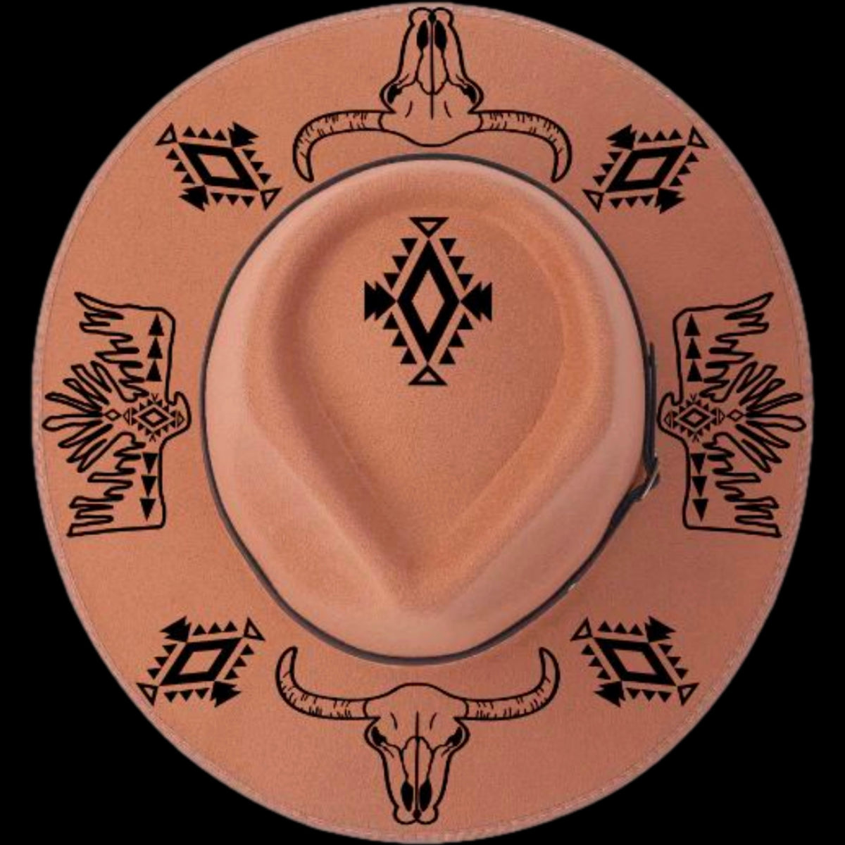 Aztec Skull burned hat burning design on a narrow brim hat.