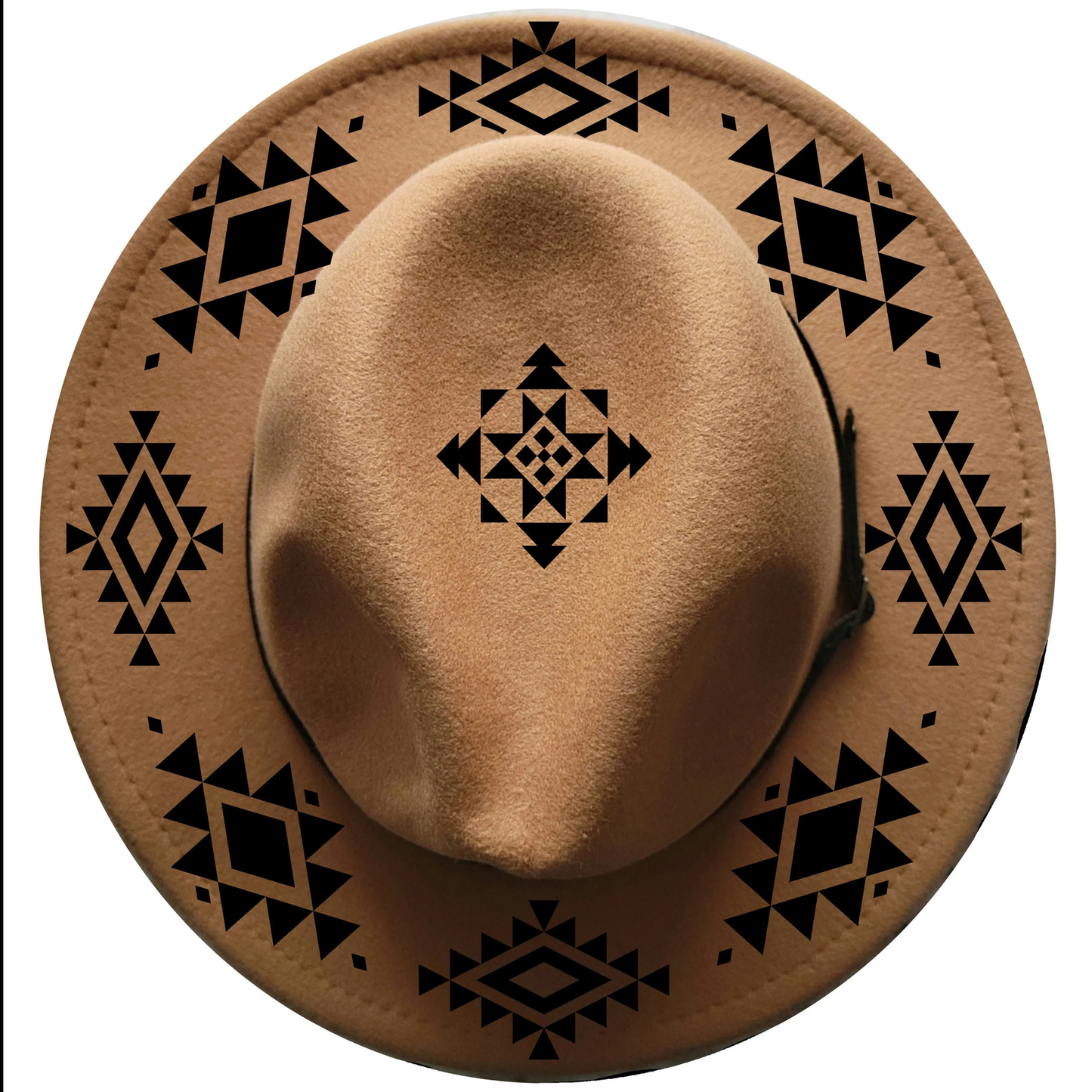 Brown hat with black geometric patterns on a white background