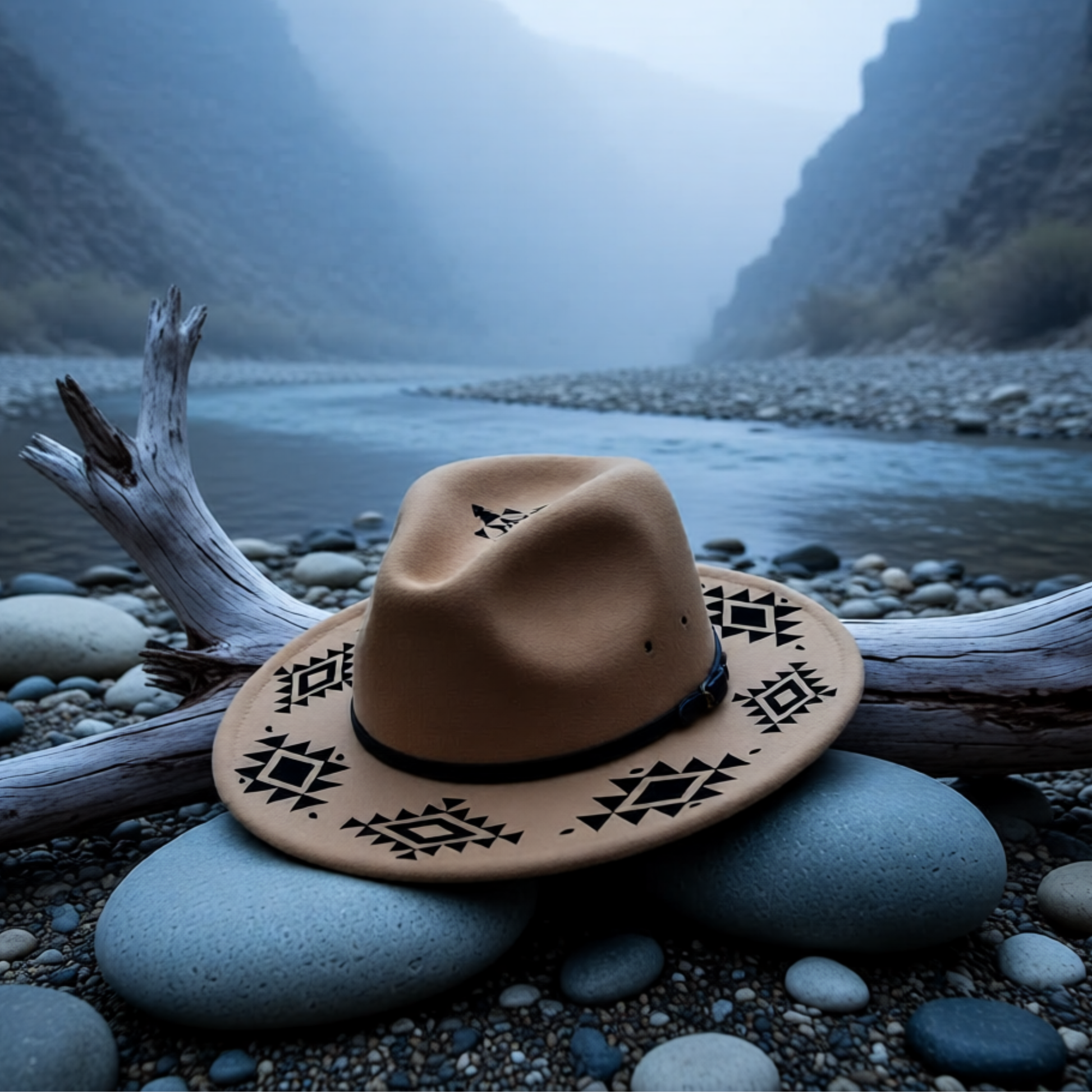 Brown hat with black patterns on a rocky surface near a river and mountains