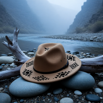 Brown hat with black patterns on a rocky surface near a river and mountains