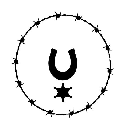 Horseshoe and sheriff's star surrounded by barbed wire design on a white background