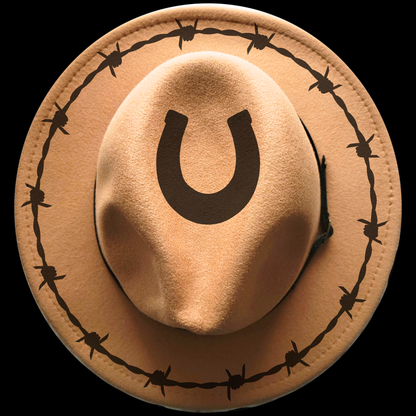 Narrow brim cowboy hat with a horseshoe design on a black background