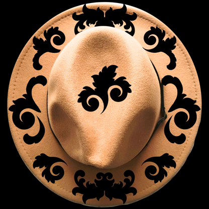 Narrow brim hat with black decorative patterns on a black background