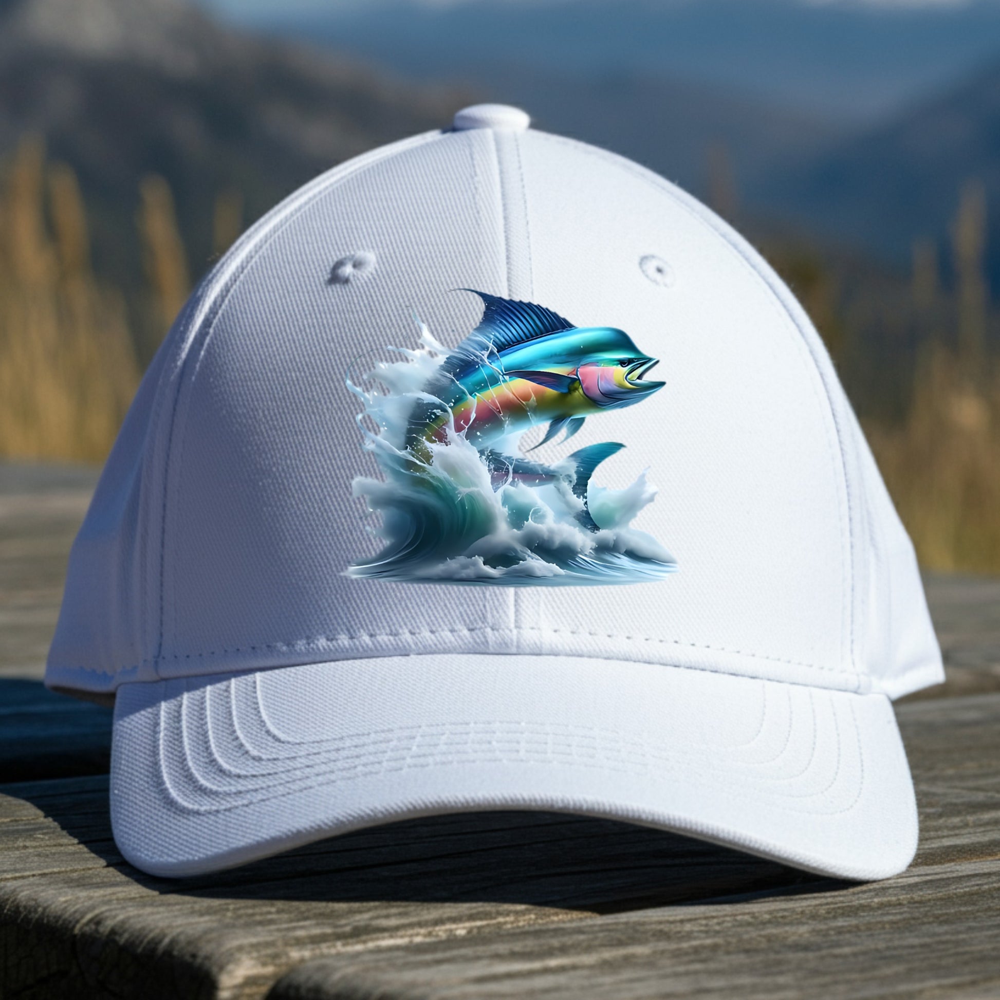White cap with a colorful mahi mahi design on a wooden table with a mountainous background