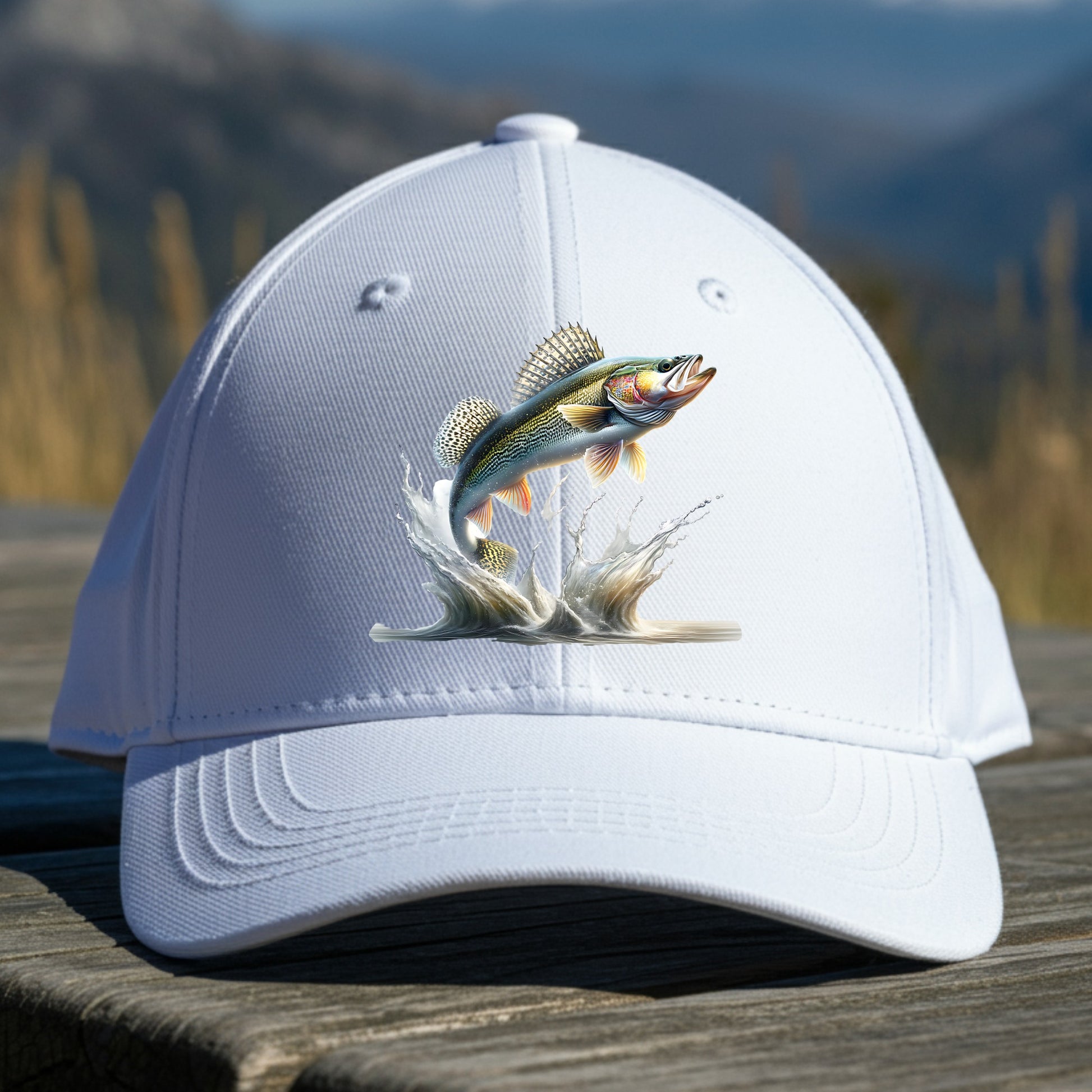 White cap with a walleye fish design on a wooden surface with a mountainous background