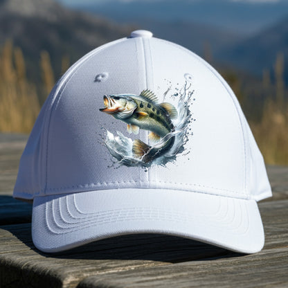 White cap with a smallmouth bass fish design on a wooden surface with a mountain background