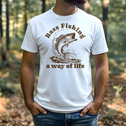 Bass Fishing A Way Of Life digital design on a man’s white t-shirt