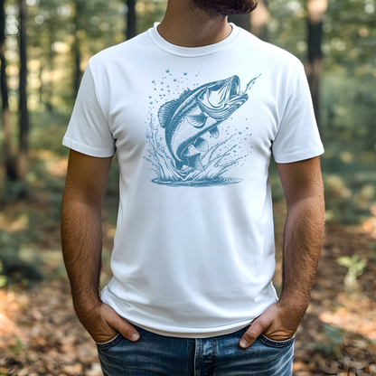 Bass Fishing digital design on a man’s white t-shirt