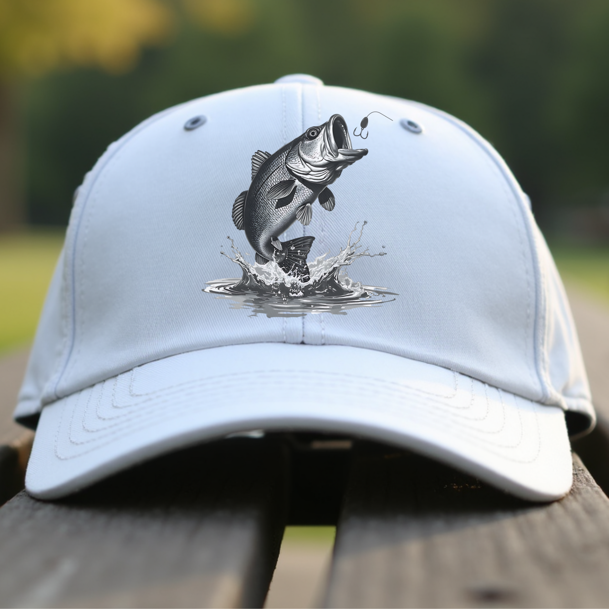 Largemouth Bass Jumping digital design graphic on a baseball cap