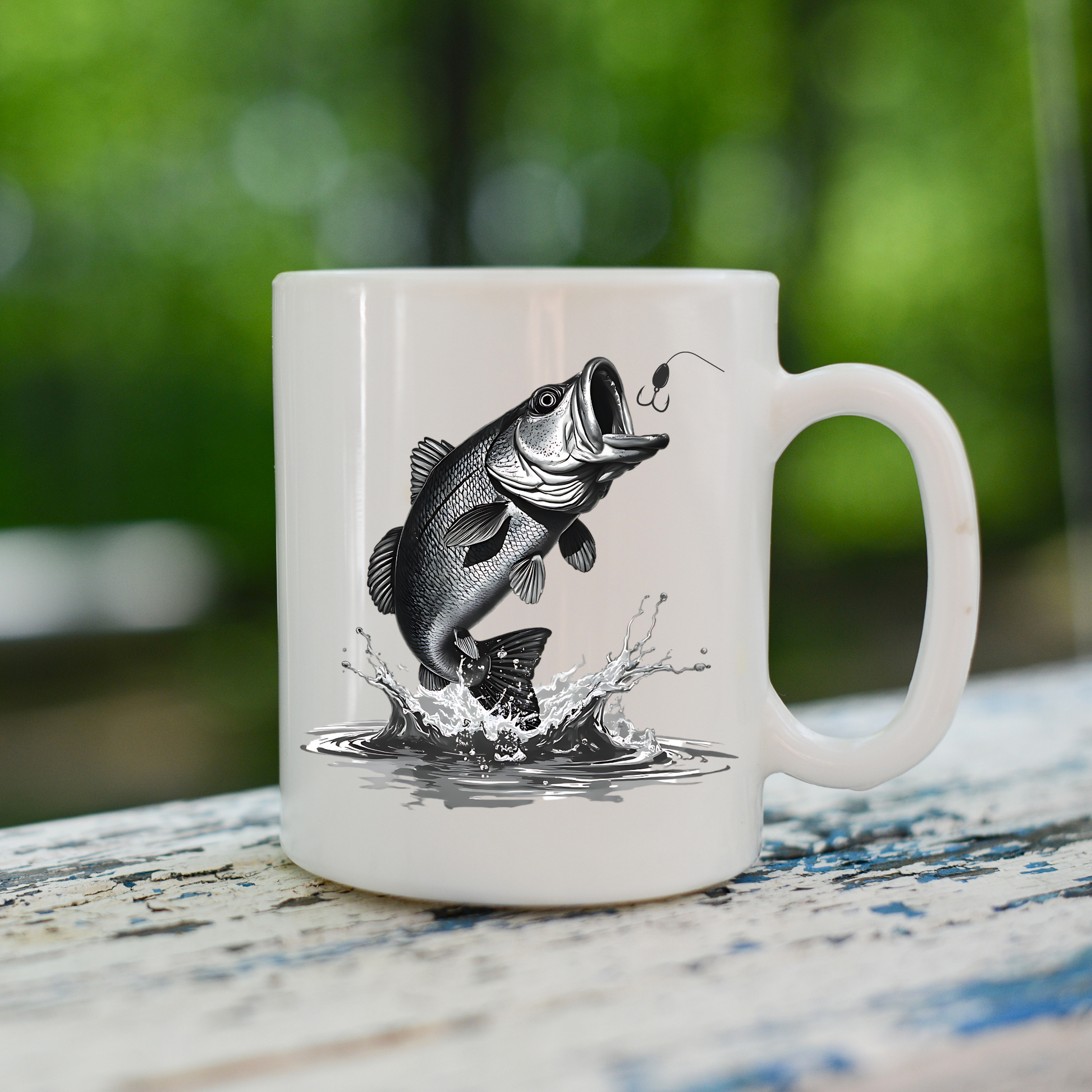 Largemouth Bass Jumping digital design graphic on a coffee mug