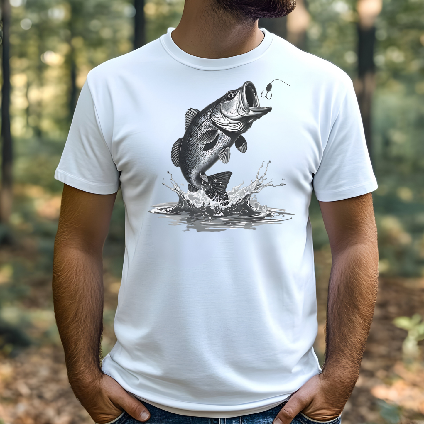 Largemouth Bass Jumping digital design graphic on a man's t-shirt