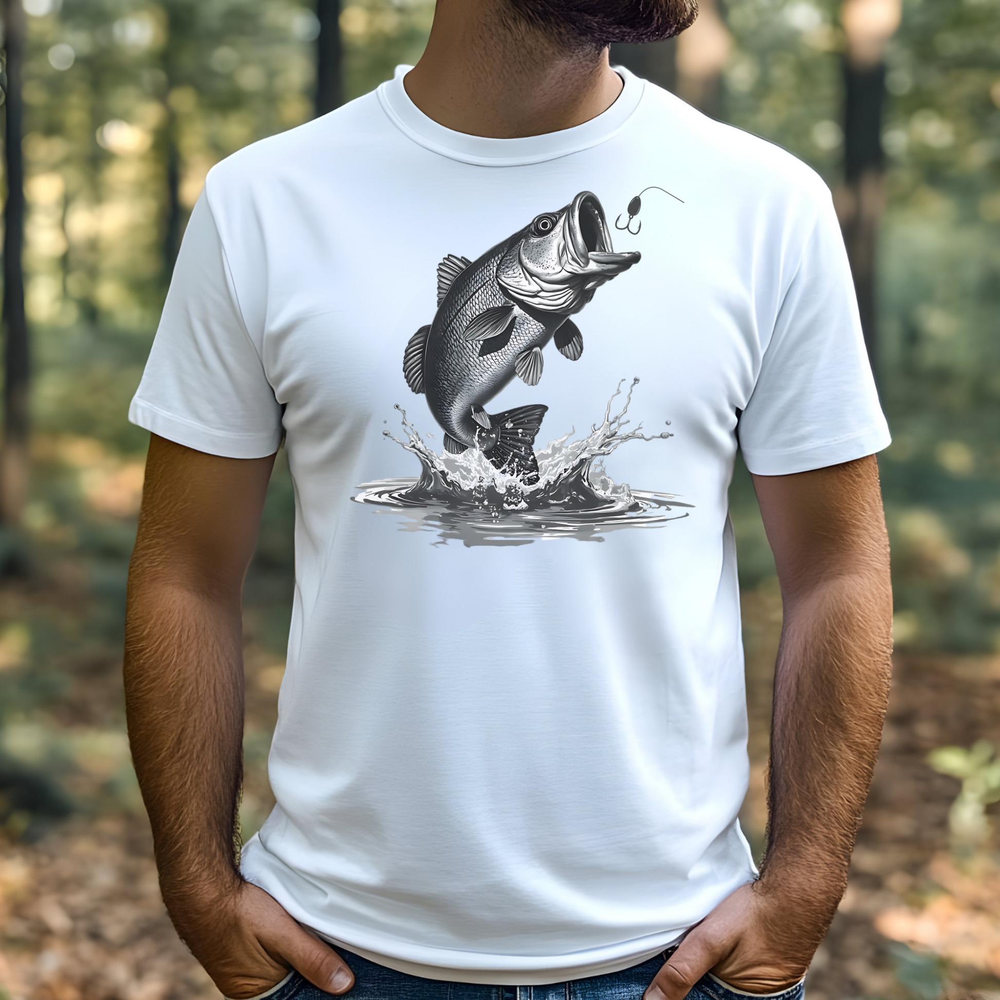 Largemouth Bass Jumping digital design graphic on a man's t-shirt