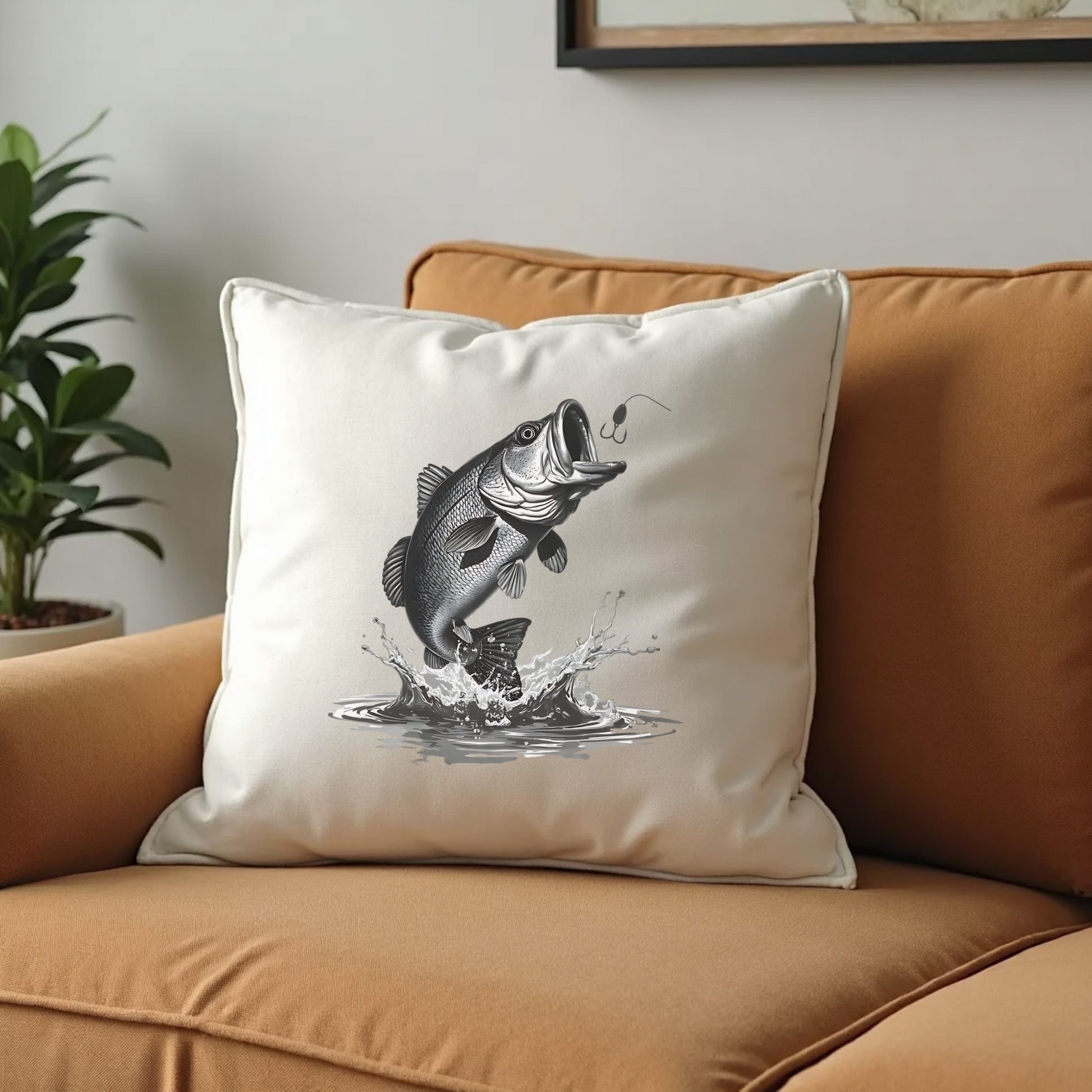 Largemouth Bass Jumping digital design graphic on a throw pillow