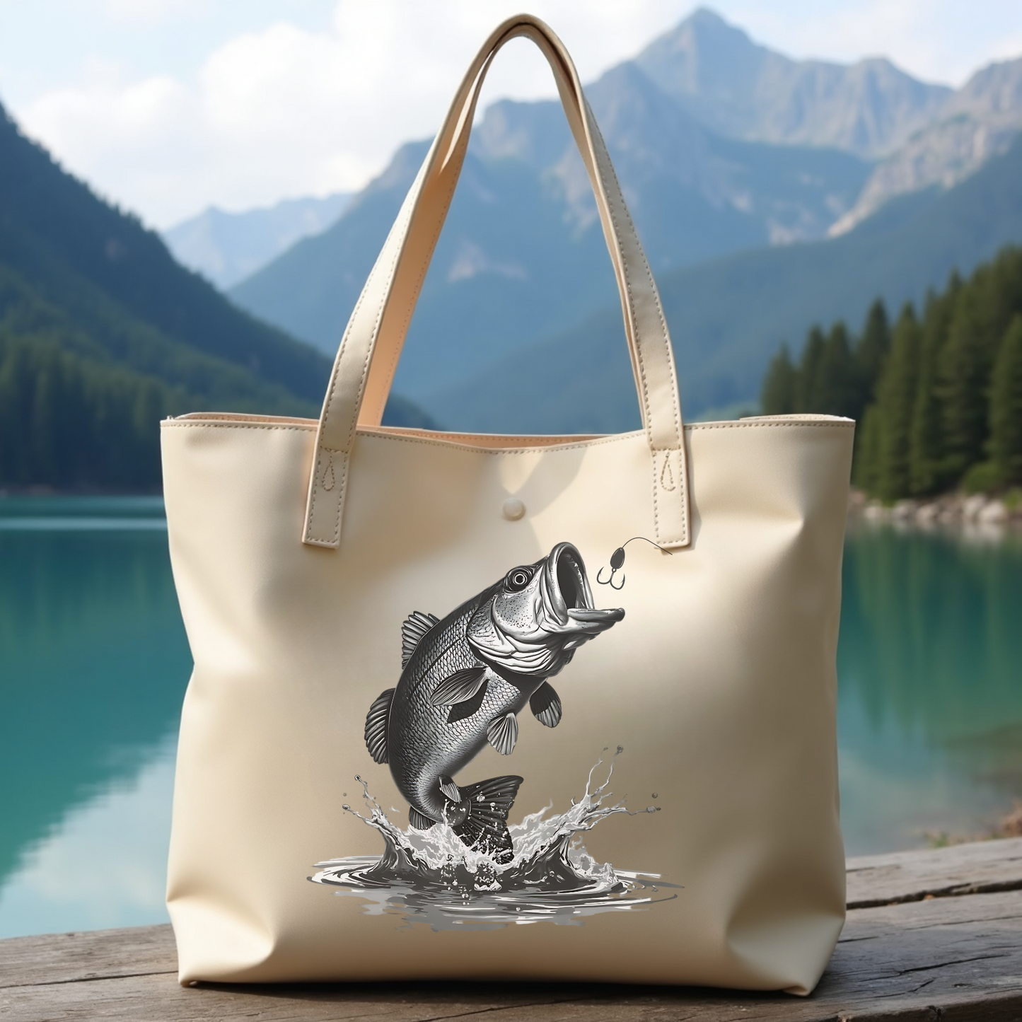 Largemouth Bass Jumping digital design graphic on a tote bag