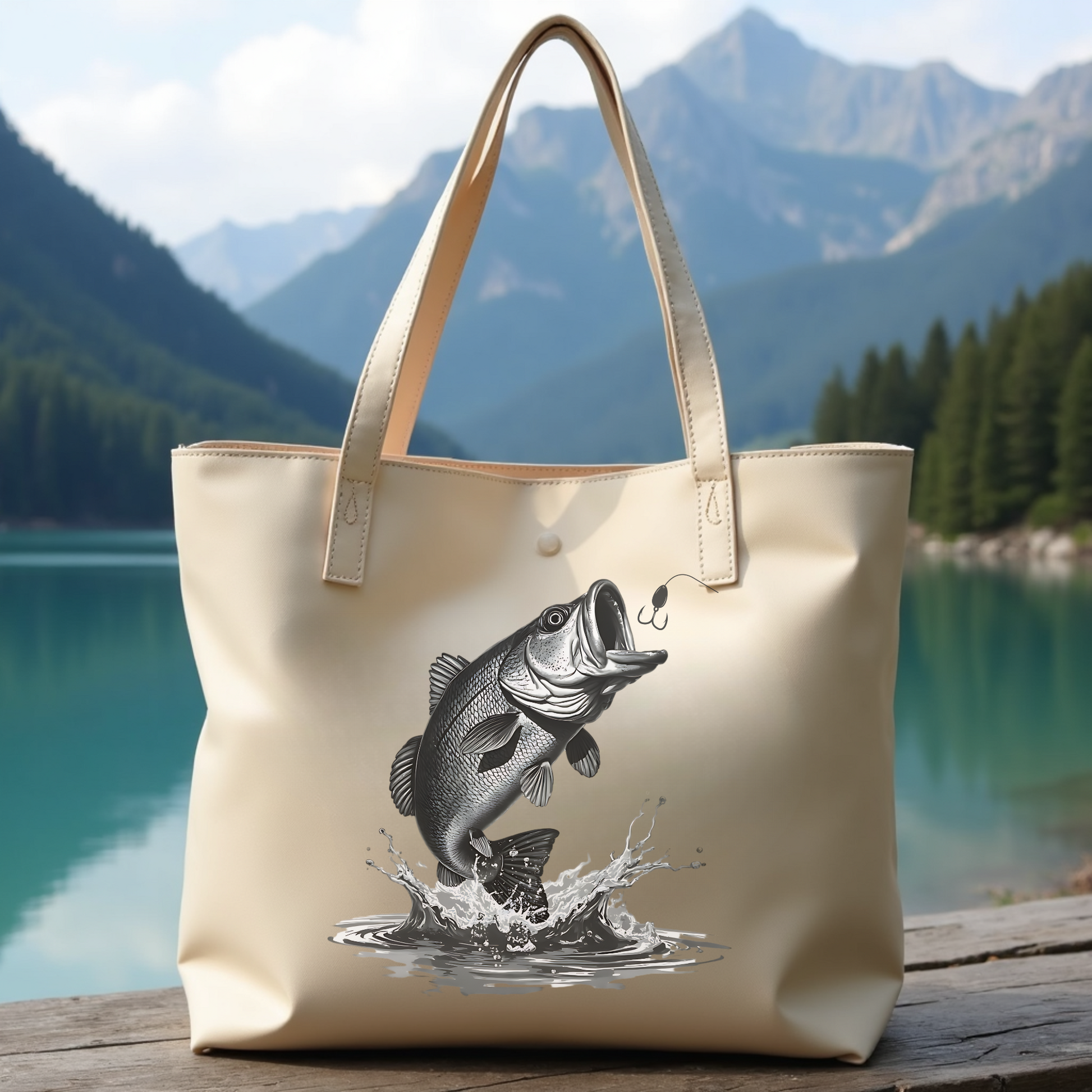 Largemouth Bass Jumping digital design graphic on a tote bag