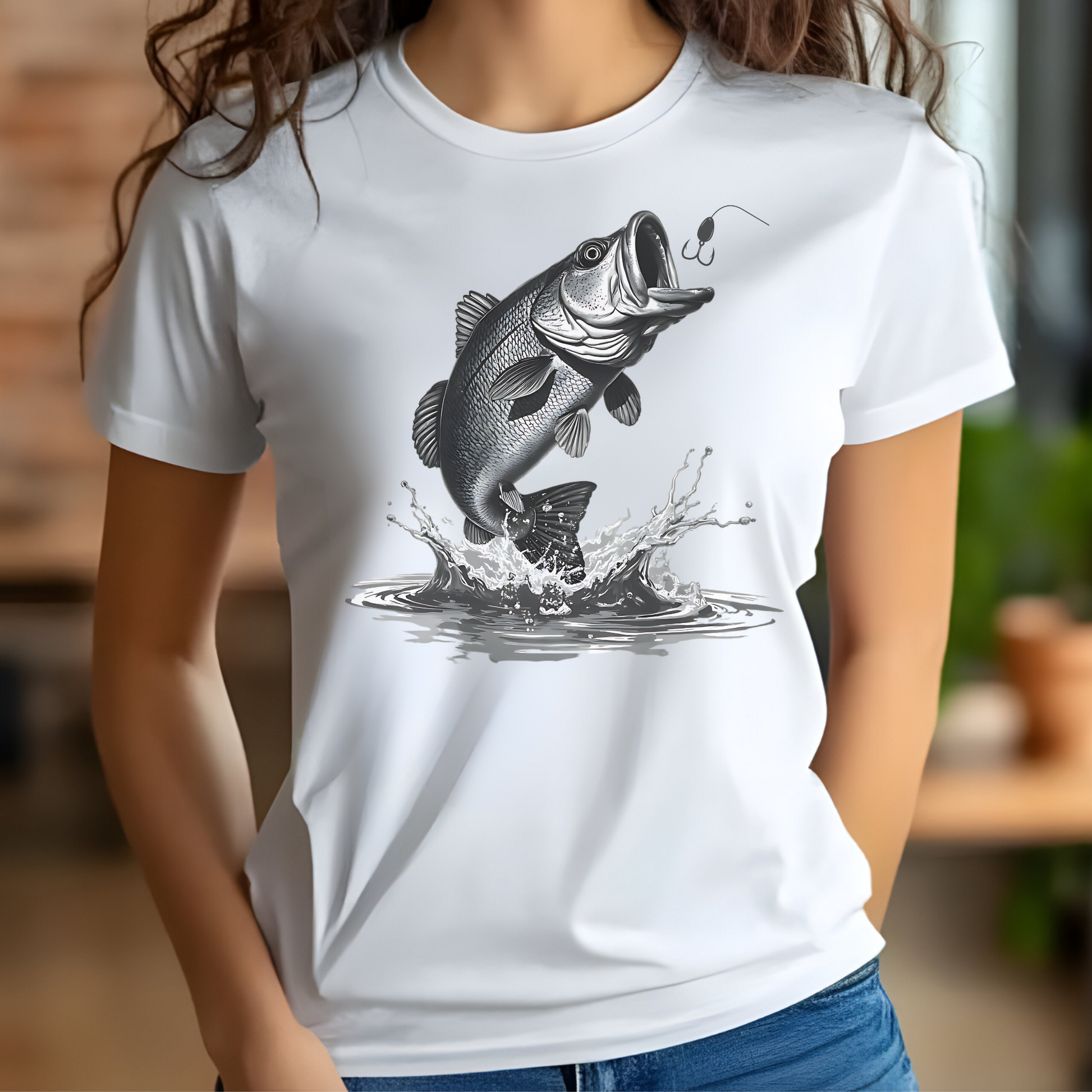 Largemouth Bass Jumping digital design graphic on a woman's t-shirt