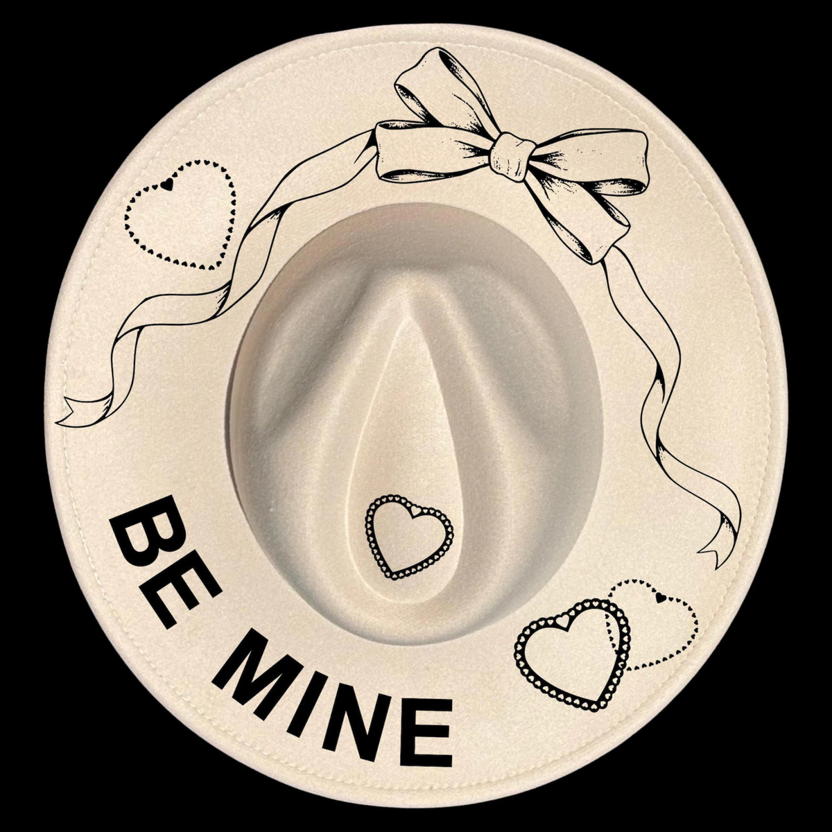 Heart-shapes with a bow, hearts, and 'BE MINE' text on a beige background