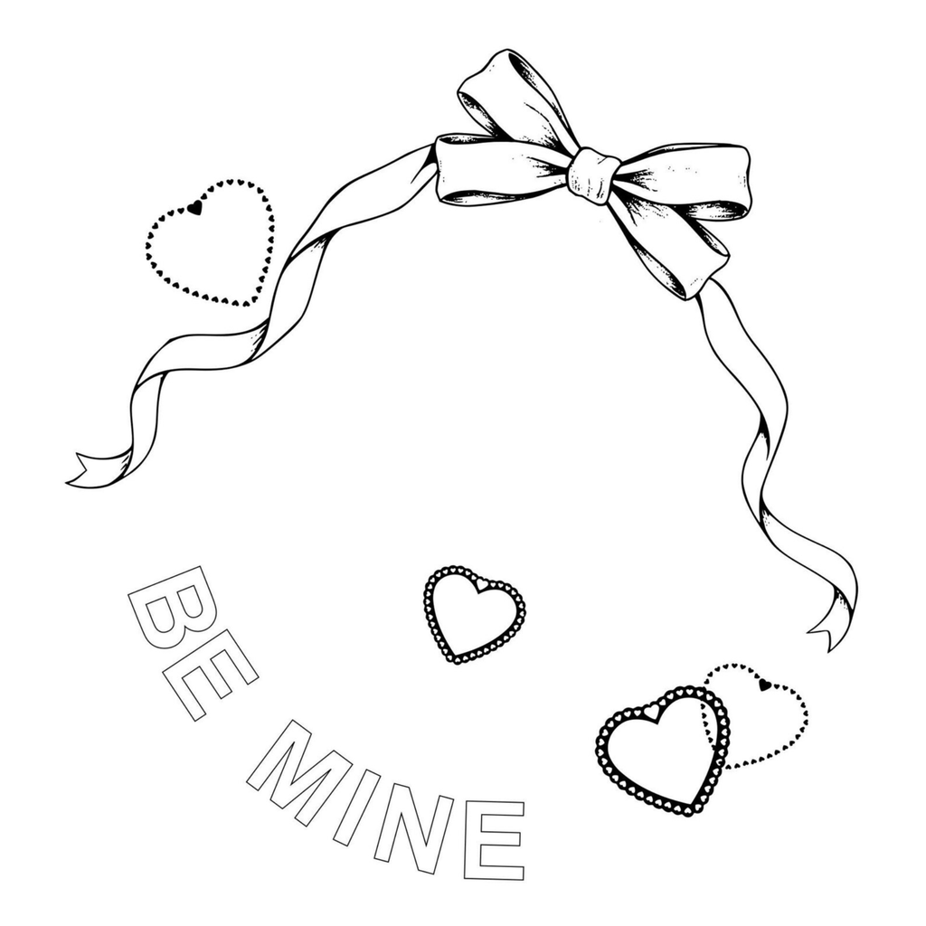 Black and white illustration of a bow, ribbon, and hearts with 'BE MINE' text on a white background.