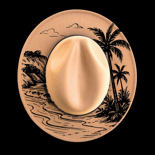 A beach scene with a palm tree design on a narrow brim hat