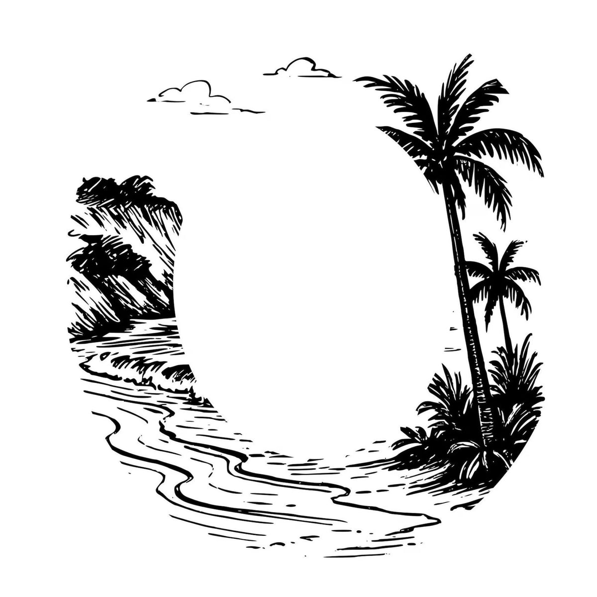 Black and white illustration of a tropical island with palm trees and a stream.
