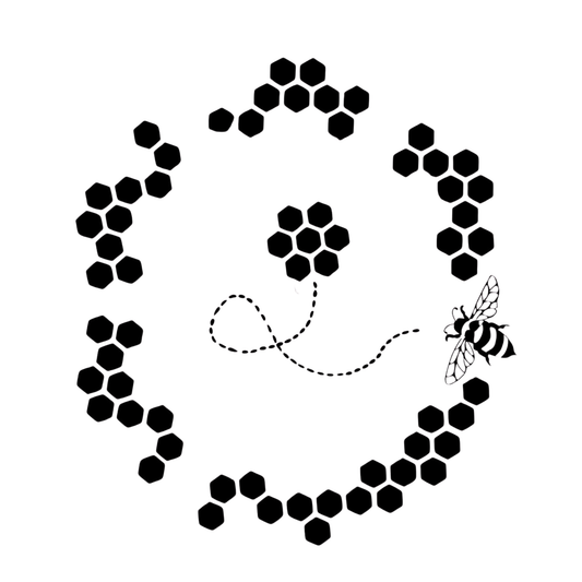Black honeycomb pattern with a bee on a white background