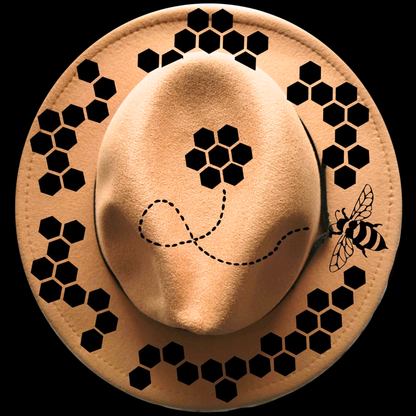 Narrow brim hat with black honeycomb and bee design on a black background