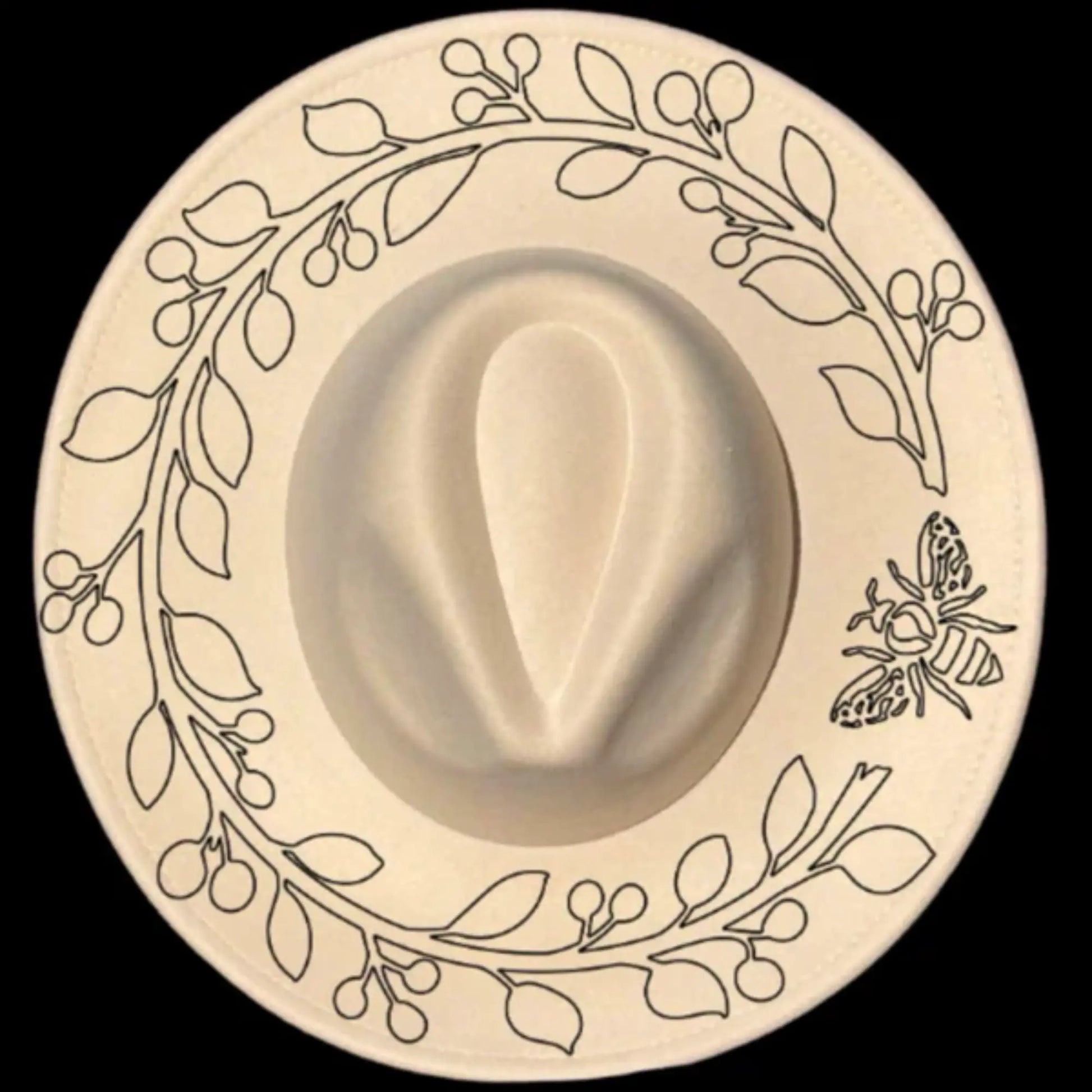 Wide brim hat with leaf patterns and a bee design on a black background 050226
