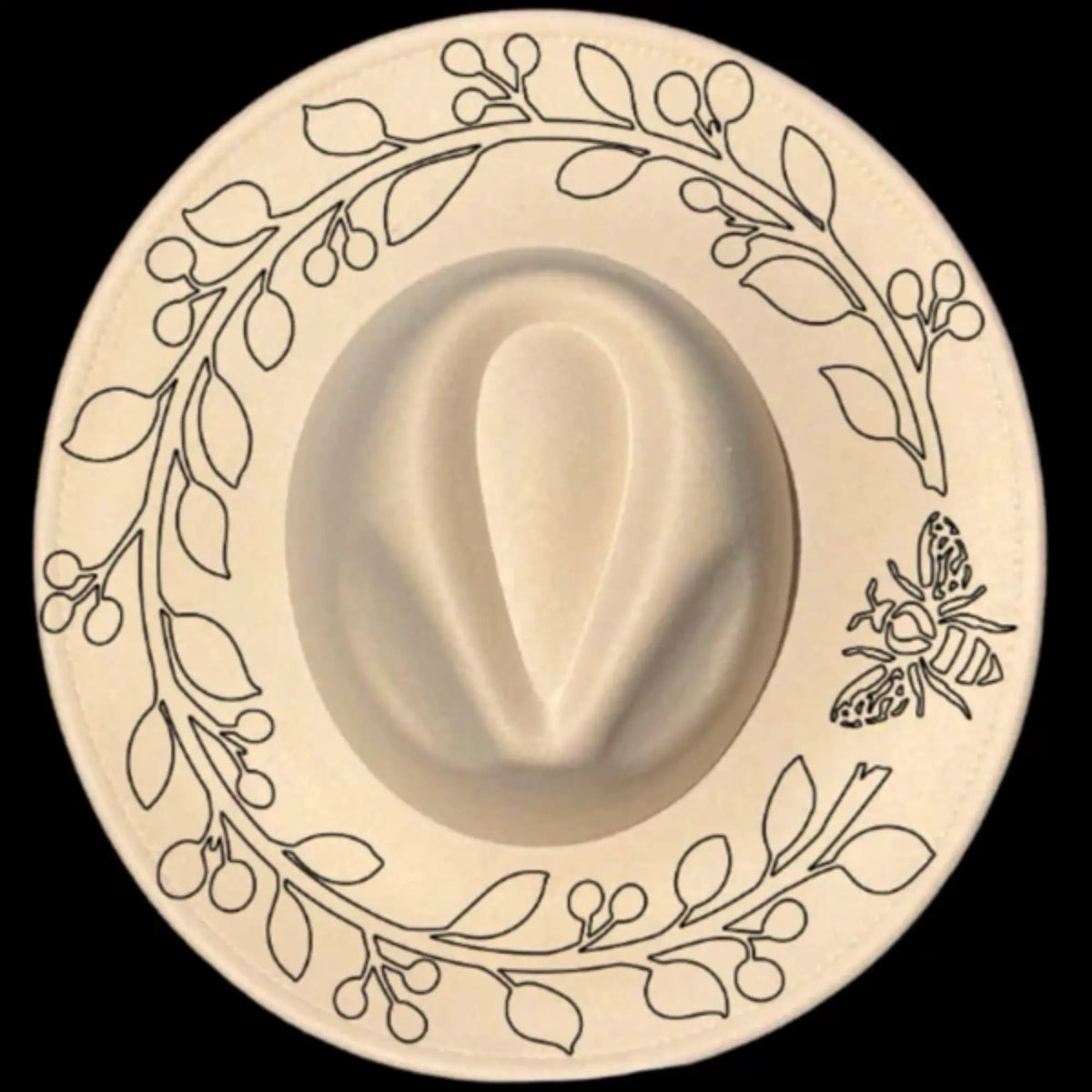 Wide brim hat with leaf patterns and a bee design on a black background 050226