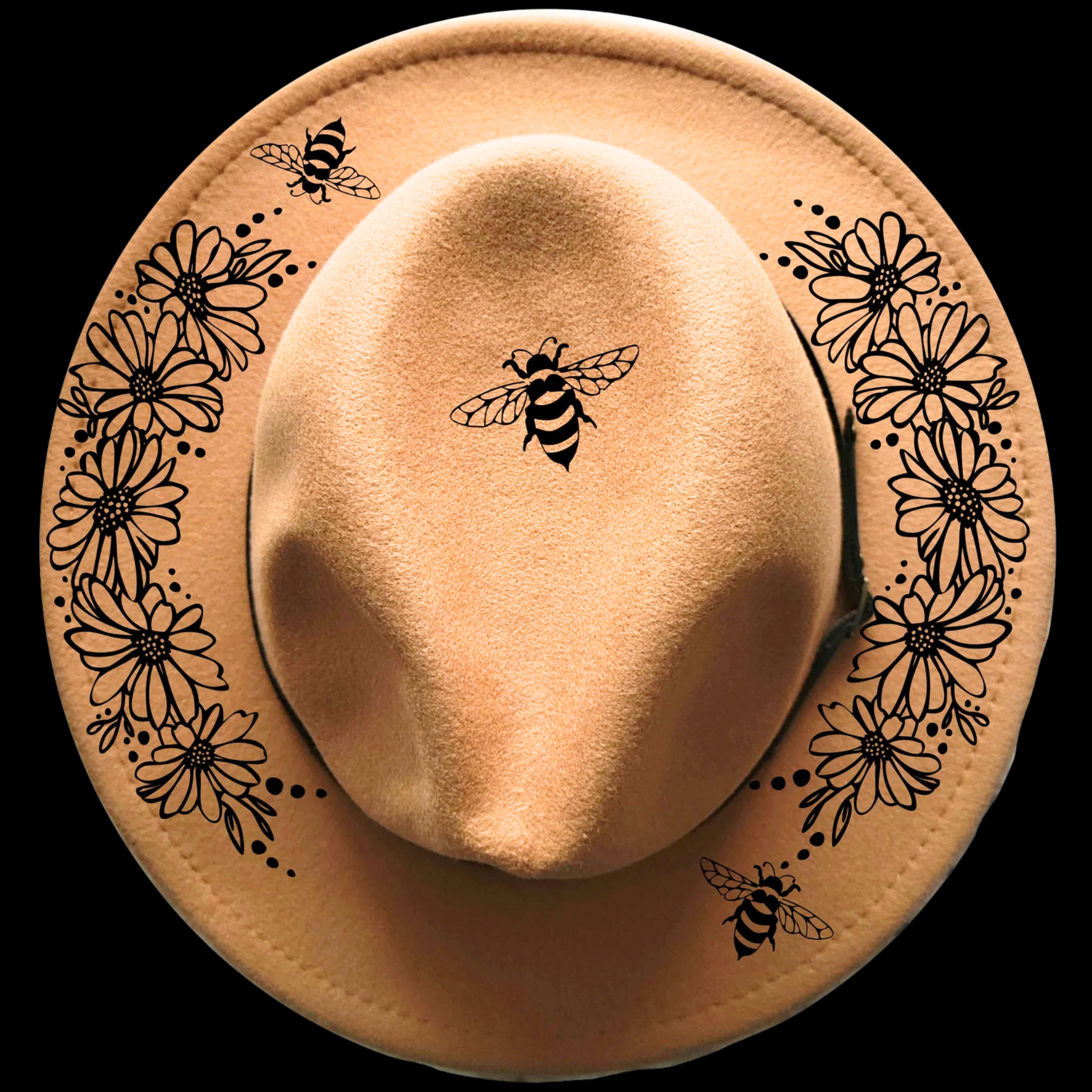 Narrow brim hat with black floral and bee designs on a black background