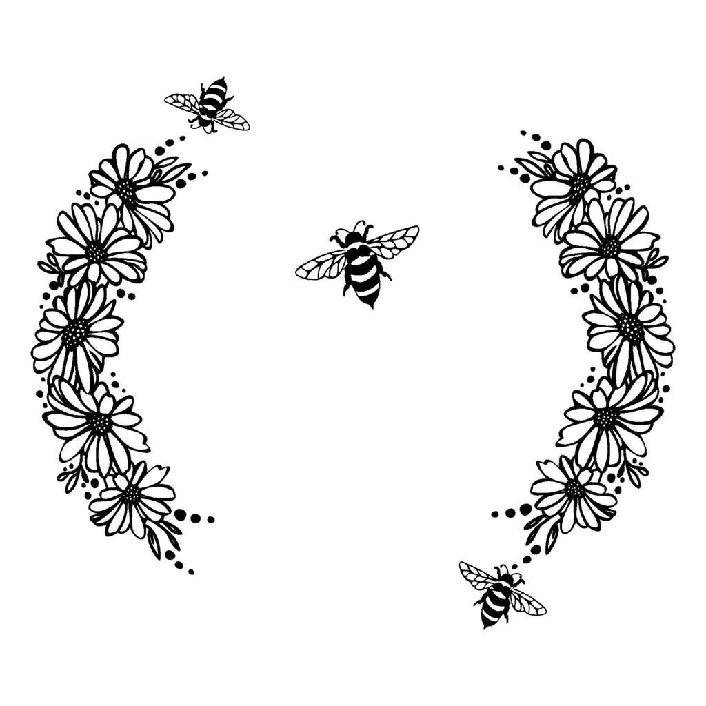 Decorative design with flowers and bees on a white background