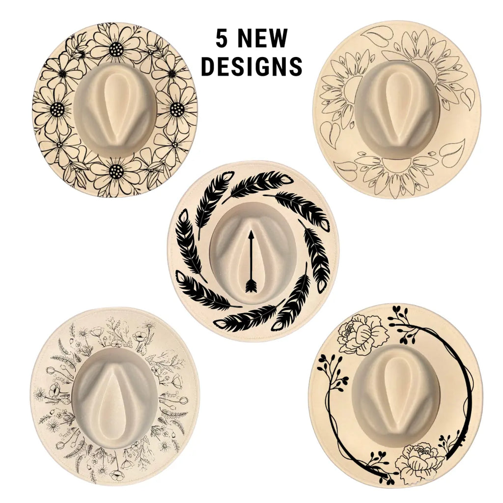 Five decorative plates with black floral, leaf, and floral wreath designs on a beige background.
