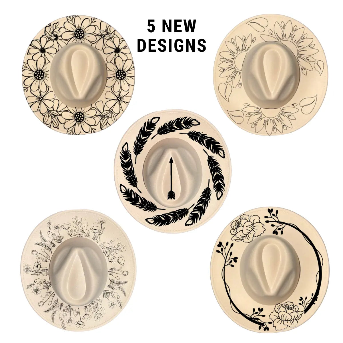 Five decorative plates with black floral, leaf, and floral wreath designs on a beige background.