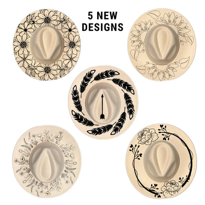 Five decorative plates with black floral, leaf, and floral wreath designs on a beige background.