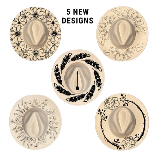 Five decorative plates with black floral, leaf, and floral wreath designs on a beige background.