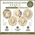 Promotional graphic for a 'Beginner Collection Bundle' with five decorative designs on a beige background.