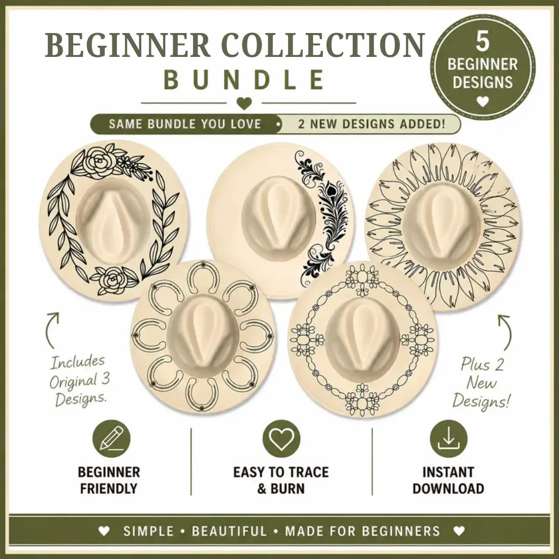 Promotional graphic for a 'Beginner Collection Bundle' with five decorative designs on a beige background.