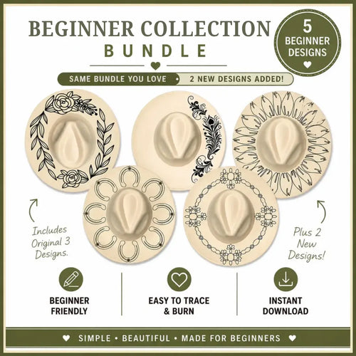 Promotional graphic for a 'Beginner Collection Bundle' with five decorative designs on a beige background.