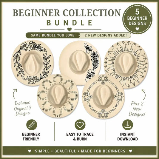 Promotional graphic for a 'Beginner Collection Bundle' with five decorative designs on a beige background.