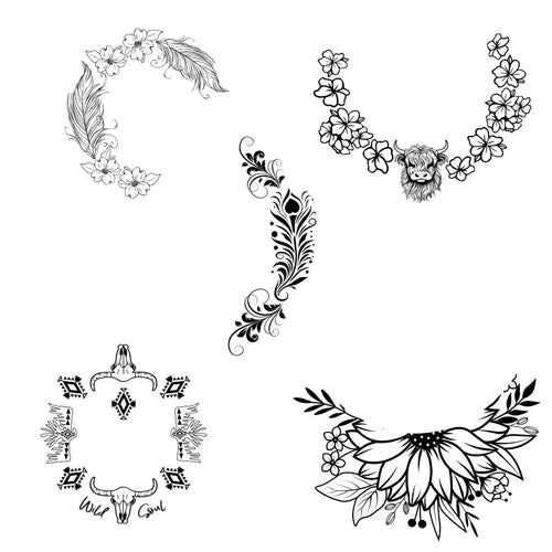 Collection of black and white floral, feather, and animal-themed tattoos on a white background.